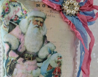 DOOR KNOB SACHET-Pink Victorian Santa-French Lavender Fill-Shabby Chic-Mini Pom-Pom Trim-Ribbons-Chrystal-Pearl Charm-One-of-A-Kind-Gift