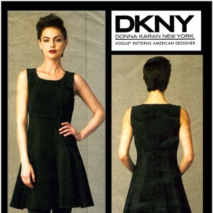 DONNA KARAN-DKNY- Vogue Designer Sewing Pattern Flared-Lined-Fitted Dress-Unique Seam Detail-Sleeveless-Uncut-Size 14-22-Rare