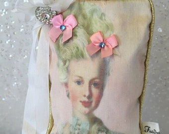 MARIE ANTOINETTE SACHET-French Lavender-Shabby Chic-Rhinestone Charm-Hand Printed on Silk-Ribbons-Bows-Pearls-Perfect Gift
