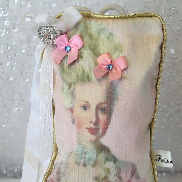 MARIE ANTOINETTE SACHET-French Lavender-Shabby Chic-Rhinestone Charm-Hand Printed on Silk-Ribbons-Bows-Pearls-Perfect Gift