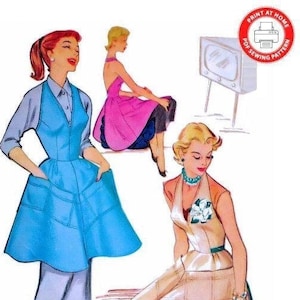 1953-HALTER TOP APRON-Print-At-Home-Sewing Pattern-2 Styles-Cobbler Apron-Deep Pockets-Pretty Floral Appliqué-Size 16-18-Instant Download