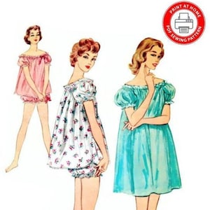 May include: Vintage sewing pattern for a nightgown, featuring three women wearing different styles of nightgowns. The pattern is for sizes 14-20 and is a reproduction of a 1955 design.