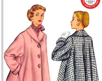 1954-DARLING SWING COAT-Shawl Collar-Side Pockets-Cuffs-Loose-Easy Fit-Lined-Print-at-Home-Sewing Pattern-Instant Download-Size 12-20