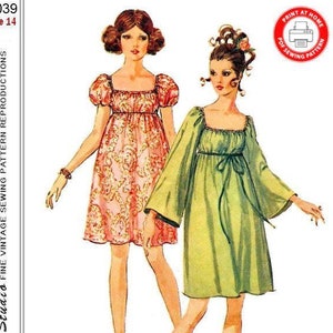 Könnte beinhalten: Vintage-Schnittmuster für ein Kleid mit quadratischem Ausschnitt und langen Ärmeln. Das Schnittmuster ist für Größe 14 und ist auf weißem Papier mit rotem Rand gedruckt. Das Schnittmuster enthält Anweisungen zum Nähen des Kleides und ein Diagramm des Kleides.