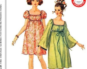 1968-ANGEL WING KLEID-Print-at-Home-Schnittmuster-2 Styles-Empire Waist-Kurze Puff Ärmel-Lockere Passform-Sofort Download-Größe 14