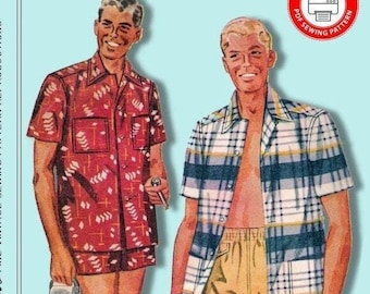Könnte beinhalten: Eine Vintage-Schnittmuster-Illustration von 1954 mit zwei Figuren. Eine trägt ein rotes Kurzarmhemd mit weißem geometrischem Muster und passender Shorts. Die andere trägt ein blau-weiß-gelbes kariertes Hemd mit gelben Shorts.