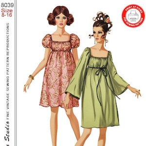 以下が含まれることがあります： 8039 Size 8-16 Farfalla Design Studioと記された裁縫パターンのイラスト。ゴールドのスクロール模様とパフスリーブのピンクのドレス、および長袖のベルスリーブのライトグリーンのドレスを着用した2人の人物が描かれています。