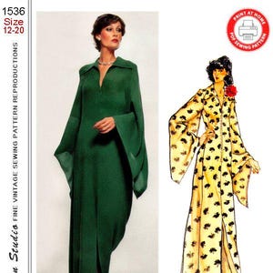 Pode incluir: Padrão de costura vintage com dois vestidos longos. Um é verde esmeralda liso com mangas largas, e o outro é um vestido amarelo com um padrão floral preto. O padrão é rotulado "Pierre Balmain" e inclui tamanhos 12-20.