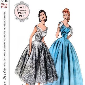 May include: Vintage sewing pattern reproduction featuring two elegant dresses. One dress is silver with a floral pattern, the other is a light blue. The pattern includes sizes 14-20. The text on the pattern reads "Large Format Print PDF".