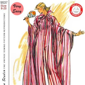 May include: Vintage sewing pattern featuring a jumpsuit design with vertical stripes in red, pink, and white. The illustration shows a woman wearing the garment, holding a fan. The pattern is labeled "Very Easy" and includes sizes 8-20.