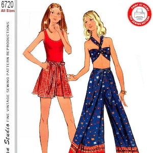 May include: Vintage sewing pattern reproduction featuring two illustrated outfits. One outfit includes a red tank top and a red and white checkered skirt. The other outfit features a blue halter top and wide-leg pants with a red and white patterned border. The pattern is from 1970.