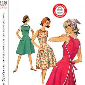 May include: Vintage sewing pattern for a sleeveless dress with a wrap-style bodice and a gathered skirt. The pattern is available in sizes 14-22. The pattern is printed on white paper with black text and illustrations. The pattern is for a dress with a scoop neckline and a fitted bodice. The skirt is gathered at the waist and falls to the knee. The dress has a wrap-style bodice that ties at the waist. The pattern includes instructions for sewing the dress.