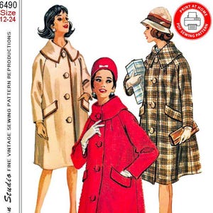 May include: Vintage sewing pattern featuring three coat designs. The coats are in cream, red, and plaid. The pattern includes sizes 12-24. The image includes the text "Farfalla Design Studio Fine Vintage Sewing Pattern Reproductions" and "Vintage 1962 Authentic".