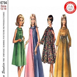 May include: Vintage sewing pattern for four different dresses. The pattern is for sizes 12-18. The dresses are all different styles, with one being a green dress, one being a pink and blue dress, one being a floral print dress, and one being a yellow dress.
