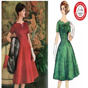 May include: Two vintage dress patterns. The first is a red dress with a scalloped neckline, short sleeves, and a flared skirt. The second is a green dress with a bow detail at the neckline and a flared skirt. Both dresses are from 1959.