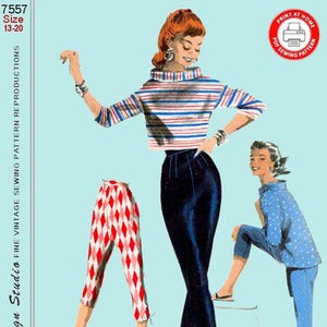 Könnte beinhalten: Vintage Schnittmuster mit Illustrationen von Damenbekleidung. Das Bild zeigt ein gestreiftes Crop-Top, eine hoch taillierte Hose und Caprihosen. Der Text enthält "7557 Größe 13-20" und "Print at Home PDF Sewing Pattern".