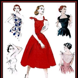 1953-FLIRTY PARTY DRESS-Sewing Pattern-Five Lovely Styles-Shoulder Tie End--Fitted Bias Bodice-Full Twirl Flirt Skirt-Uncut-Size 14-22