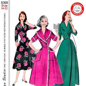 1957 - BATA - ABRIGO BRUNCH - Estampado - Patrón de costura para el hogar - 3 estilos - Corpiño ajustado - Falda acampanada - Cuello chal - Bolsillos de parche - Tallas 14-22 - Descarga instantánea
