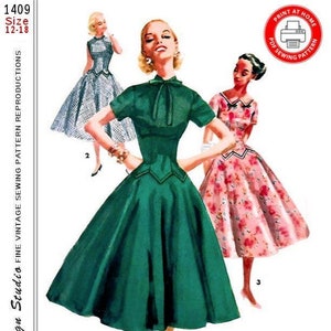 May include: Vintage sewing pattern for a dress with a fitted bodice and a full skirt. The pattern is from 1956 and is for sizes 12-18. The pattern is printed on paper and is ready to be cut out and sewn.
