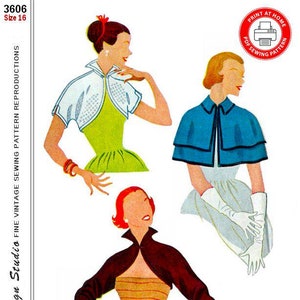 May include: Vintage sewing pattern reproduction for a cape with three different styles. The pattern is for size 16 and is from 1951. The pattern is printed on white paper with a red border and includes a printer icon with the text "Print at Home PDF Sewing Pattern".