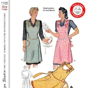 May include: Vintage sewing pattern for a slimming apron, featuring a floral design and a pocket. The pattern is for size large and is from 1944. The text on the pattern reads "Slimming Apron for Stout Women".