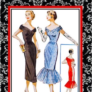 Vintage 1956 - Splendido abito a sirena con volant - Cartamodello - Due stili - Scollo a cuore drappeggiato - Vestibilità sexy - Balza civettuola - Taglia 48 - Raro