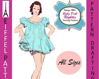 1950s-Baby Doll Nightie-Loose Cut-Lace-Ribbon Trim- Pattern Drafting Design-All Sizes-Toddler-Adult-Plus-Pdf- FREE 1957 Sewing EBook