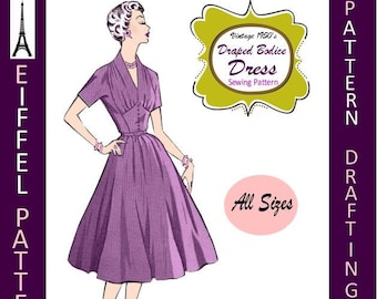 1950s-Elegant DRAPED DRESS-Shaped Midriff-Full Flare Twirl Skirt-Pattern Drafting Design-All Sizes-Pdf-Bonus FREE 1957 Sewing EBook