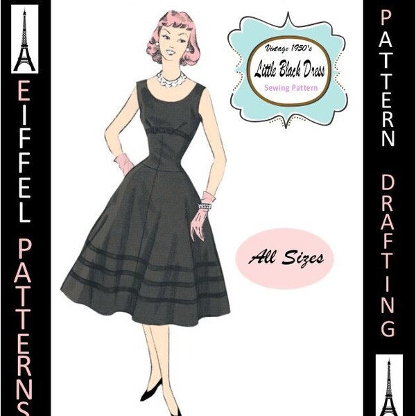 1950s-Cocktail DRESS-Empire Waist-Flared Flirt Skirt-Dropped Waistline-Pattern Drafting Design-All Sizes-Pdf-Bonus FREE 1957 Sewing EBook