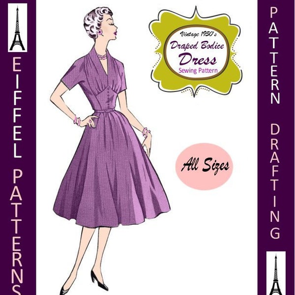 1950s-Elegant DRAPED DRESS-Shaped Midriff-Full Flare Twirl Skirt-Pattern Drafting Design-All Sizes-Pdf-Bonus FREE 1957 Sewing EBook