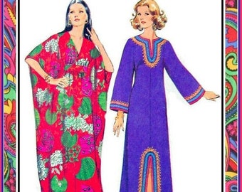 1972-CHIC CAFTAN-Sewing Pattern-Two Styles- Kimono Style Sleeves-V Neckline-Gathered Midiff-Trim-Very Loose Fitting- Uncut-Size 10-20