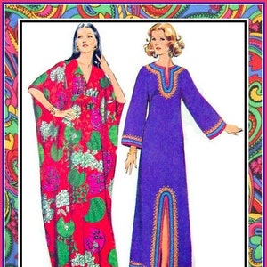 1972-CHIC CAFTAN-Sewing Pattern-Two Styles- Kimono Style Sleeves-V Neckline-Gathered Midiff-Trim-Very Loose Fitting- Uncut-Size 10-20