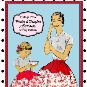 Vintage 1954-MOTHER-DAUGHTER APRONS-Sewing Pattern-3 Deep Pockets-Contrast Fabric-Ribbon Drawstring Tie-Bias Binding Trim-Rare-Collectible