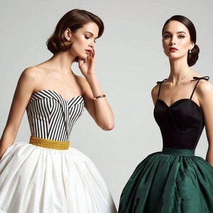 May include: Two dresses: one strapless bodice with black and white vertical stripes, a gold waistband, and a full white skirt; the other a black bodice with thin shoulder straps and a full, voluminous dark green skirt with a textured finish.