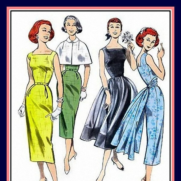 1952-PARTY DRESS-CAPELET-Sewing Pattern-Fitted Wiggle Dress-Flirty Draped Fly Away Sash Overskirt-Dainty Capelet-Uncut-Size 6-12-Rare