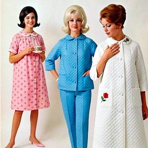 May include: Three outfits: a pink floral print dress with a white collar, a blue quilted jacket and trousers set, and a white quilted coat with red rose embroidery on the pocket and collar. A separate red rose embroidery patch is shown below.