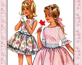 Vintage 1965-PRETTY IN PINK-Party Dress-Toddler Sewing Pattern-Two Styles-Ruffle-Lace Detail-Scoop Neckline-Flirty Twirl Skirt-Size 4-Rare