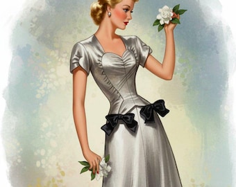 Vintage 1945-atemberaubendes Abendkleid-Modes Royale Schnittmuster-Herzförmige Mieder-Dropped Taille-Bows-Braut-Bridesmaid Dress-Größe 16-selten