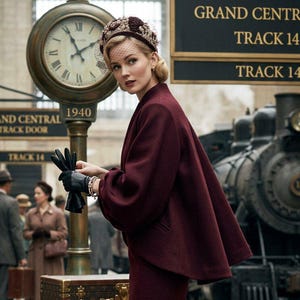 May include: A deep burgundy wool cape jacket and matching knee-length skirt, worn with black leather gloves, sheer black stockings with a back seam, and black open-toe heels. A decorative burgundy pillbox hat with a small veil is worn on the head.