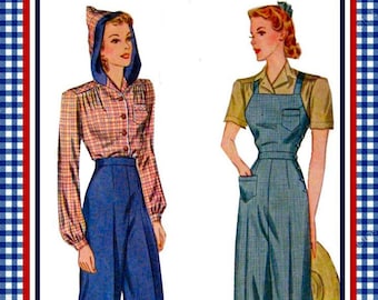 1940's-ROSIE THE RIVETER-New Reproduction Sewing Pattern-Overalls-Hoodie-Slacks-long and Short Sleeve Blouse-Patch Pocket-Uncut-Size 16-24