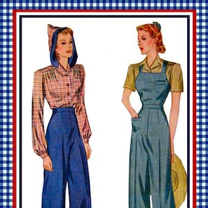 May include: Two women wearing vintage clothing. The woman on the left is wearing a plaid shirt with a blue pair of high-waisted pants. The woman on the right is wearing a blue jumpsuit with a white shirt.