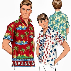 Puede incluir: Ilustración de tres camisas de manga corta con estampados tropicales. Una camisa es roja con palmeras, flores amarillas y agua azul. Otra es blanca con diseños florales rojos y azules. La tercera camisa es verde y amarilla con grandes estampados de hojas.