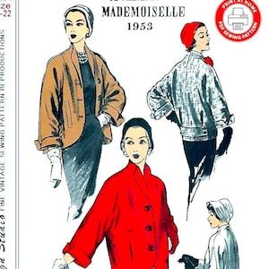 May include: Vintage sewing pattern for a jacket, featuring three different views of the garment. The pattern is from 1953 and was featured in Mademoiselle magazine. The pattern is for sizes 14-22.