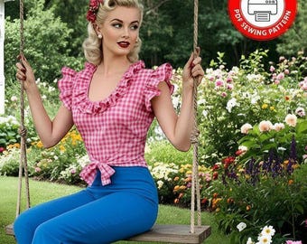 1945-SWEETHEART WICKELBLUSE-Print-At-Home-Schnittmuster-3 Styles-Niedriger U-Ausschnitt-Front Tie Wrap-Rüschen-Größe 12-20-Instant Download