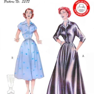 1950-HOUSECOAT-HOUSEDRESS Print-At-Home-Sewing Pattern-Two Styles-Wing Collar-Dolman Sleeves- Quick-Easy to Sew-Instant Download-Size 14-20