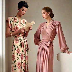 May include: Two women in vintage dresses. One wears a floral print dress with a matching belt and pink shoes. The other wears a long, solid pink dress with long sleeves and a wrap-style design. Both dresses are floor-length.