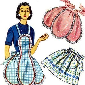 May include: Vintage apron designs in a retro illustration. The image features a woman wearing a blue dress and a blue and white checkered apron with red trim. Other aprons include a pink polka dot, a floral print, and a red and white striped apron.