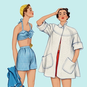 May include: Illustration of two women in vintage summer outfits. One wears a blue and white gingham bikini top and shorts with a yellow headscarf. The other wears a white coat with red shorts and red flats. The background is light blue.