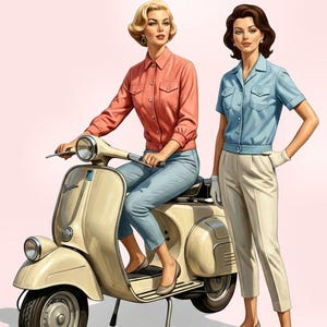 May include: A cream-colored vintage scooter with a round headlight and a front fender. One individual sits on the scooter wearing a coral long-sleeve button-down shirt and blue pants. Another individual stands nearby in a light blue short-sleeve shirt and cream trousers.