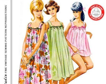1960-LOVELY MUU-MUU- Print-At-Home-Sewing Pattern-4 Styles-Nightgown-Very Loose Fitting-Matching Bloomers-Bows-Size 10-20-Instant Download